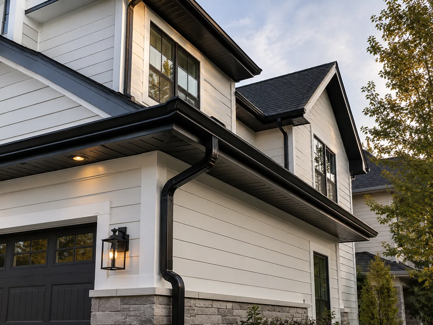 New black seamless gutters protecting a Georgia home from water damage